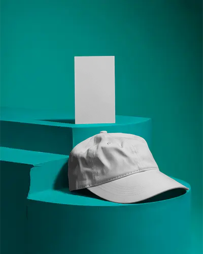 Teal Podium Business Card Mockup With Modern Cap Prop And Bold Visual Style