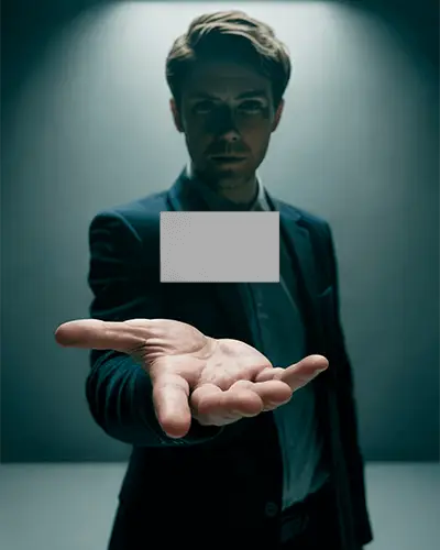 Modern Floating Business Card Mockup With Mysterious Professional Hand Presentation