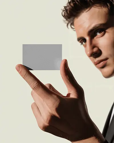 Man Presenting Minimalist Business Card Holding With Fingers Closeup Mockup