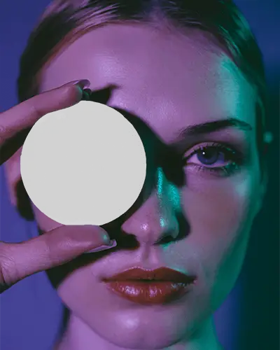 Closeup Portrait Holding Round Business Card Mockup Showcasing Branding Identity Presentation