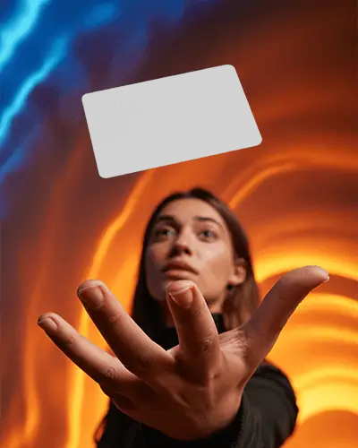 Professional Business Card Display In Motion With Focus On Card And Colorful Abstract Lit Background