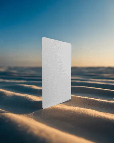 Textured Paper Business Card Mockup Vertical Standing On Fabric Surface With Soft Light