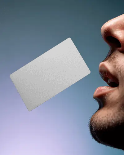 Blank Business Card Floating Next To Mouth Creative Mockup For Easy Custom Brand Presentation