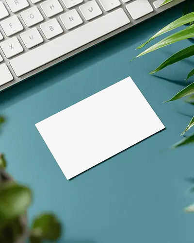 Modern Office Horizontal Business Card Mockup On Desk With Keyboard And Plants Fresh Creative Look