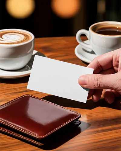 Coffee Table Business Card Mockup Hand Holding Card With Leather Wallet And Hot Cappuccino