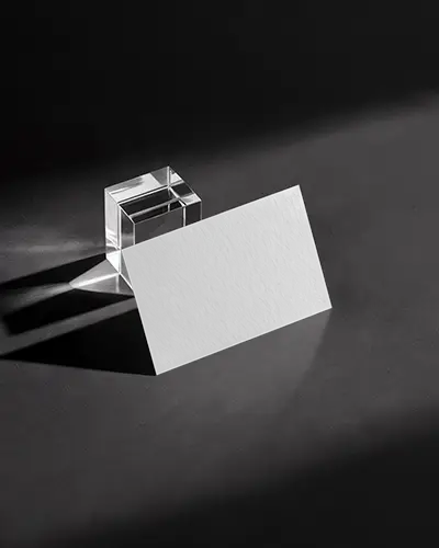 Minimal Luxury Business Card Mockup On Dark Surface With Clear Glass Cube Shadow Highlights