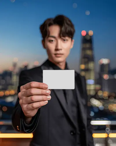 Professional Businessman Holding Blank Card For Mockup Presentation At Nightcityscape