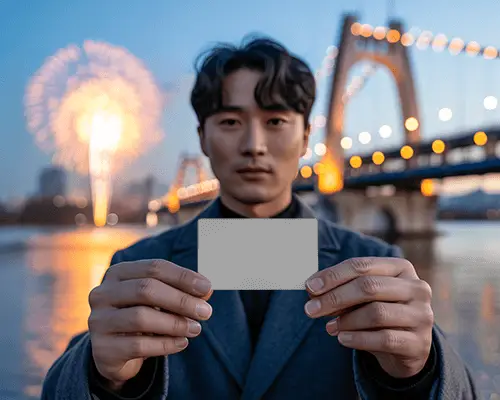 Man Showing Empty Business Card Mockup Lake Bridge Light Decoration Evening Photography