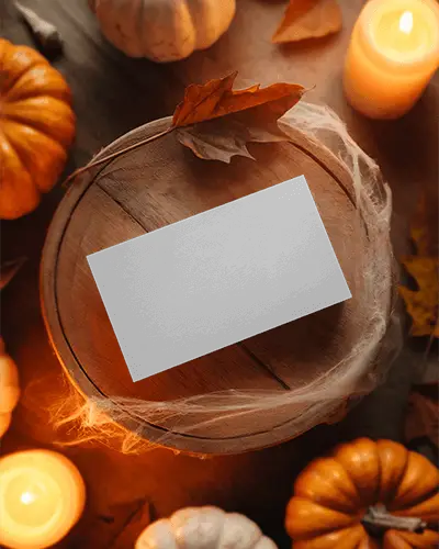 Spooky Halloween Card Mockup Surrounded By Pumpkins Candlelight And Dry Leaves