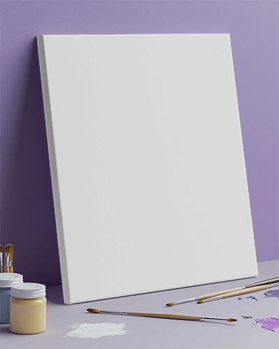 Artistic Canvas Mockup Leaning Against Purple Wall With Paint Brushes And Color Palette Studio Creative Setup 064