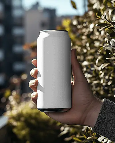 Tall Can Mockup Held By Hand Outdoors With Urban Skyline And Natural Garden Leaves In Daylight 0100