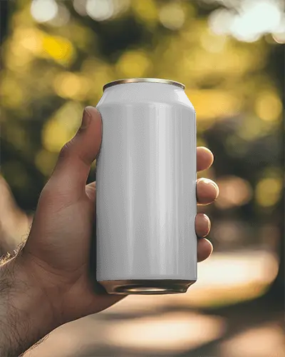 Hand Holding Can In Sunlit Park Background With Bokeh Effect For Beverage Brand Presentation 0114