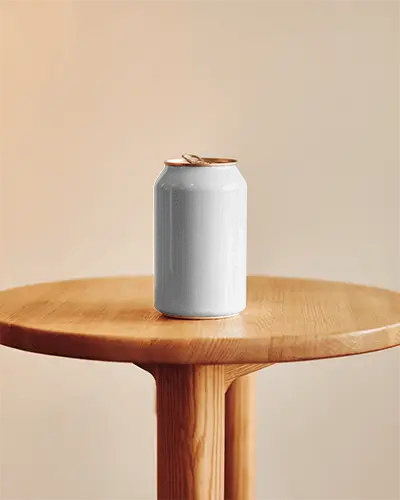 Soda Can On Wooden Round Table Against Warm Gradient Wall For Refreshment Label Mockup
