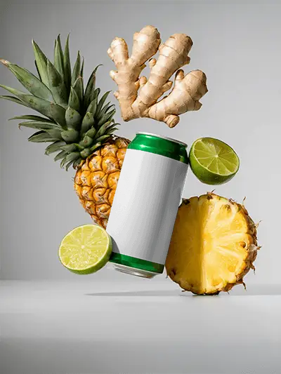 Floating Can Mockup Amidst Fruits And Spices Pineapple Lime Ginger Studio Scene Setup