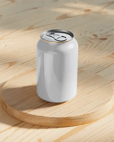 Top Angle Can Mockup On Wooden Round Surface Natural Shadow Light Effect Soft Scene View