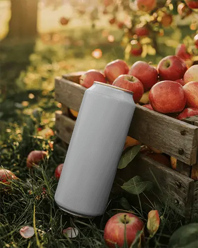 Can Mockup Leaning Against Crate Filled With Apples In Sunset Orchard Scene With Grassy Base