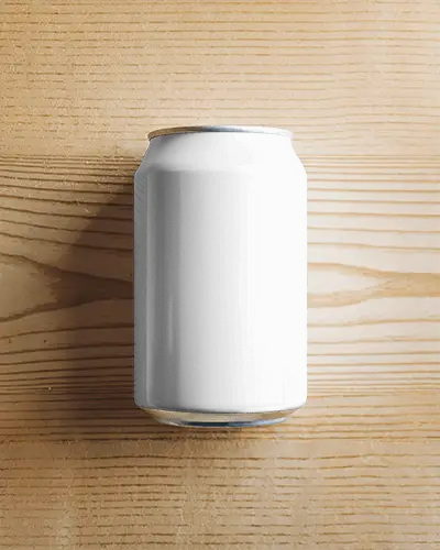 Top Angle Can Mockup Resting On Bright Wooden Surface With Diffused Light Shadow Composition