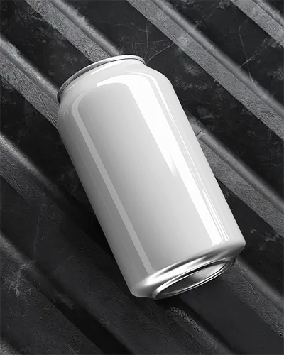 Angled Can Mockup On Industrial Dark Metal Surface With Harsh Highlight And Ridged Texture