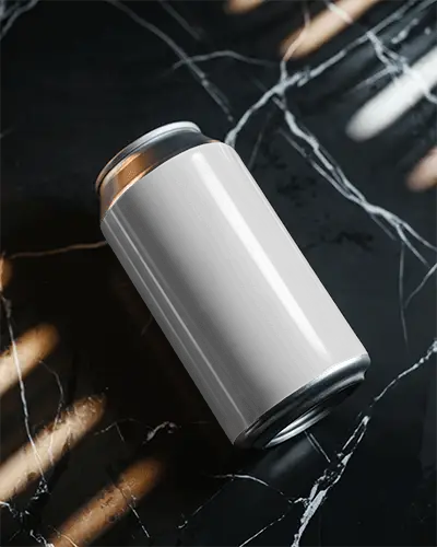 Angled Can Mockup On Black Marble With Warm Light Stripes And Luxurious Shadow Highlights