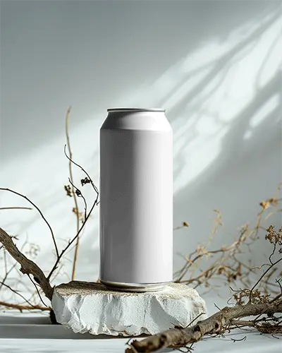 Tall Can Mockup On Natural Stone Slab With Dried Branches And Early Morning Sunlight Shadow