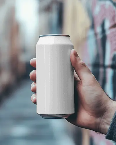 Can Mockup Held By Hand In Urban Street Background With Colorful Blur And Bokeh Depth Effect