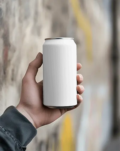 Can Mockup Held In Hand Outdoor Street Scene With Blurred Wall Graffiti Texture Depth