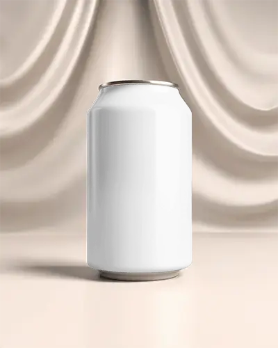 Luxury Can Mockup Front Facing On Creamy Satin Curtain Backdrop With Soft Lighting Glow