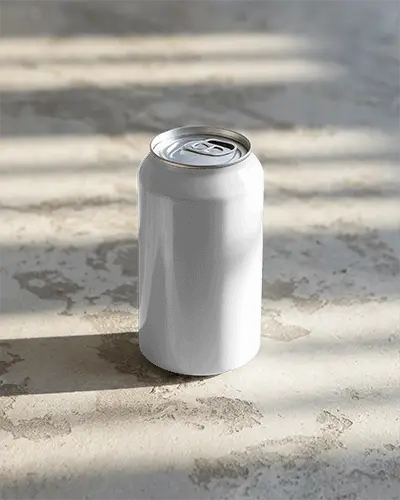 Can Mockup On Textured Floor In Diagonal Sunlight With Deep Shadows And Dusty Detailing