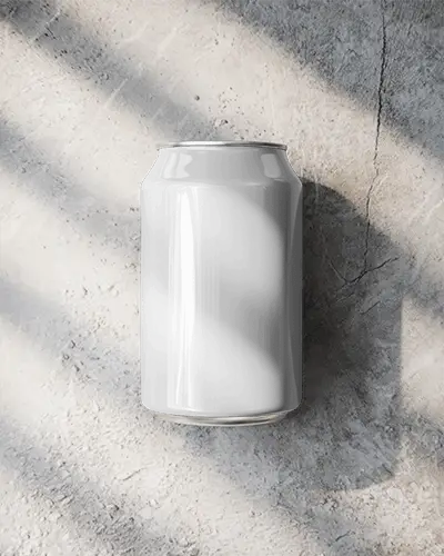 Flatlay Can Mockup On Cracked Surface In Striped Sunlight And Raw Textured Light Gray Scene