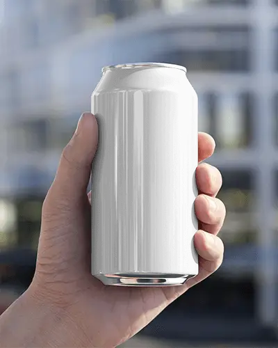 Business District Can Mockup Held Close To Office Building Under Clear Daylight Environment