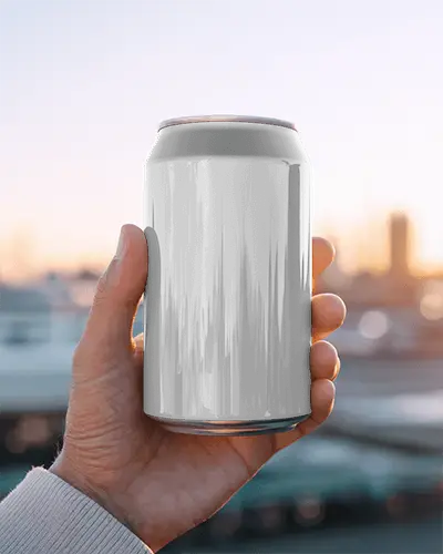 Cityscape Can Mockup Held In Hand Against Sunset Sky With Glow On Metallic Surface Highlight