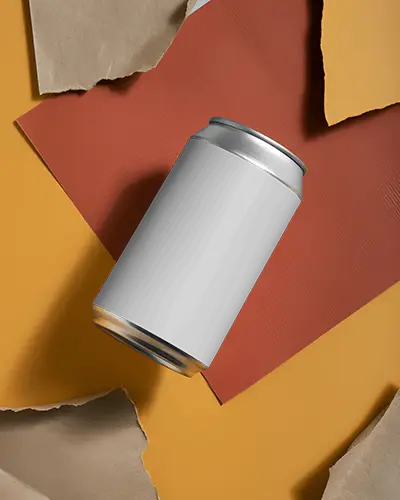 Isolated Plain Aluminum Can Mockup On Colorful Ripped Paper Textured Background