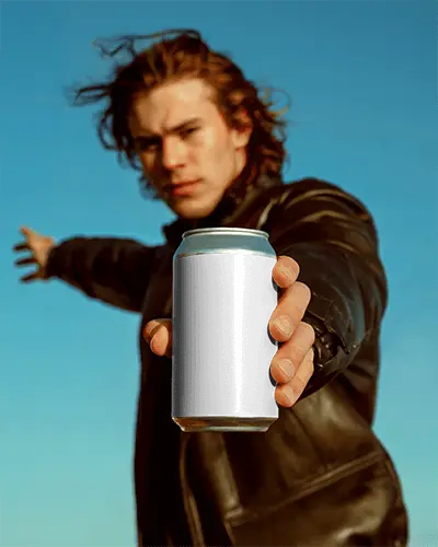 Man Holding Blank Soda Can Mockup Outdoor Blue Sky Background Creative Product Display