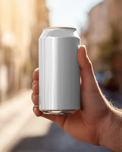 Hand Holding Blank Can Mockup For Custom Beverage Packaging And Branding Presentation
