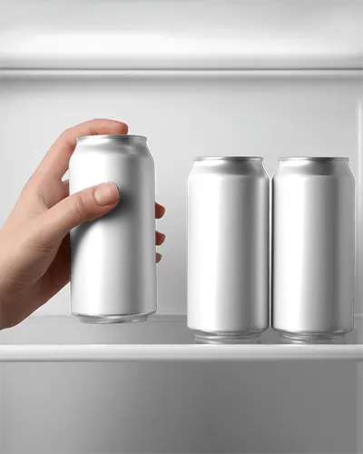 Three Hand Holding Aluminum Can Mockup On Fridge Shelf For Cool Drink Presentation