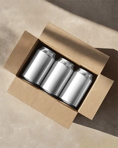 Realistic Opened Cardboard Box With Three Cans Mockup For Product Showcase