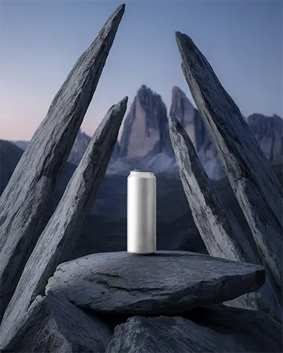 Premium Beverage Can Mockup On Rocky Mountain Peak For Outdoor Brand Promotion