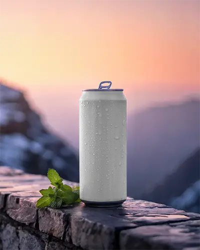 Outdoor Cold Drink Can Mockup With Natural Landscape Background Sunset