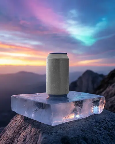 Cold Beverage Can Mockup On Iced Block In Nature Scenic Sunset Background