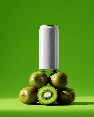 sleek-tall-beverage-can-mockup-on-pyramid-of-whole-and-sliced-kiwi-fruits-green-background