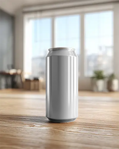 Sleek Metal Can Mockup Standing On Wooden Surface With Blurred Modern Interior Background