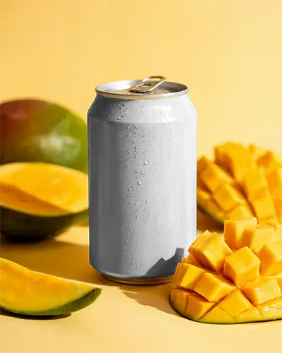 Tropical Mango Drink Can Mockup Surrounded By Ripe Mango Fruit And Cubes On Yellow