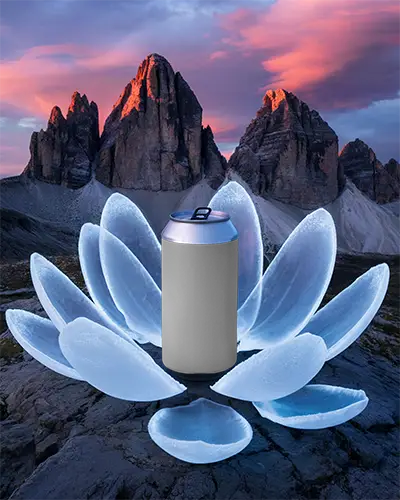 Metallic Can Mockup With Ice Petal Elements Nature Inspired Background View