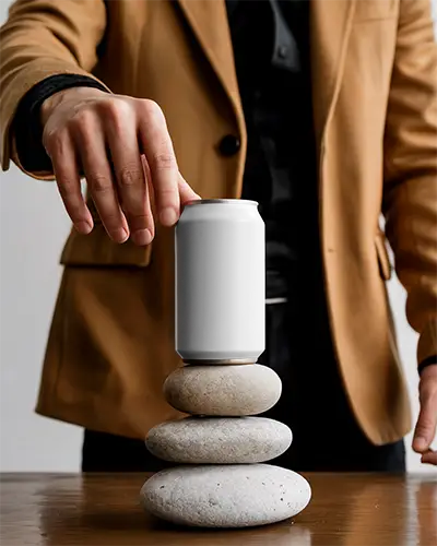 Sleek Aluminum Can Mockup Hand Placing On Stacked Smooth Stones Modern Minimalist Style