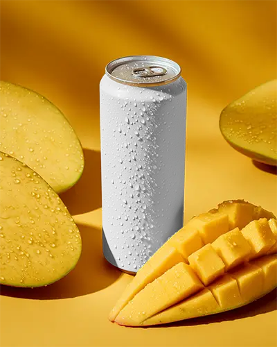 Cold Sweat Aluminum Can Mockup Set With Fresh Sliced Mangoes For Fruit Beverage Design