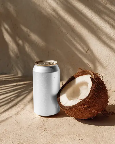 Realistic Beverage Can Mockup With Textured Coconut Summer Inspired Natural Setting