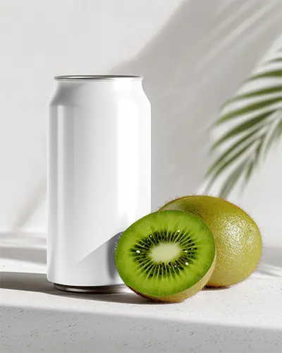 Refreshing Kiwi Flavored Beverage Can Mockup With Fresh Kiwi Fruit On Minimalist Background