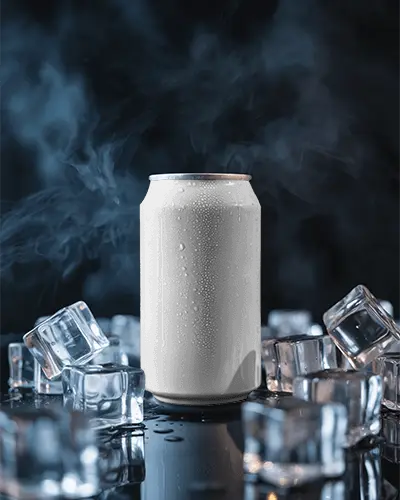 Cold Beverage Can Mockup With Ice Cubes And Condensation Effect For Refreshing Drink