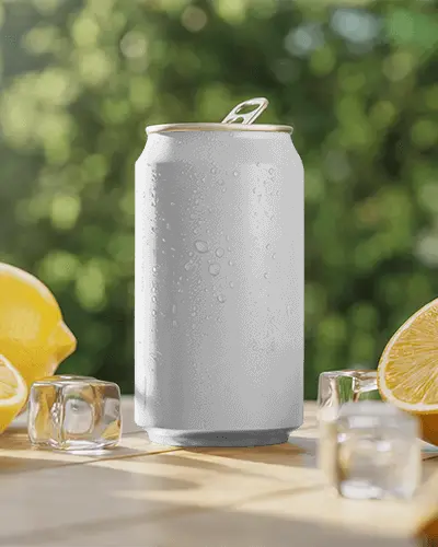 Sleek Metal Can Mockup For Beverages Surrounded By Fresh Lemons And Ice Cubes