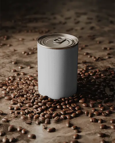 Realistic Coffee Can Mockup With Scattered Coffee Beans For Product Presentation Design